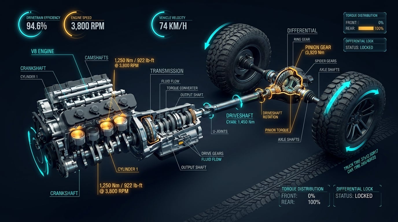 Automotive powertrain schematic cutaway illustrating engine torque, transmission gearing, driveshaft, and rear differential ring and pinion gear turning oversized 35-inch and 37-inch off-road tires