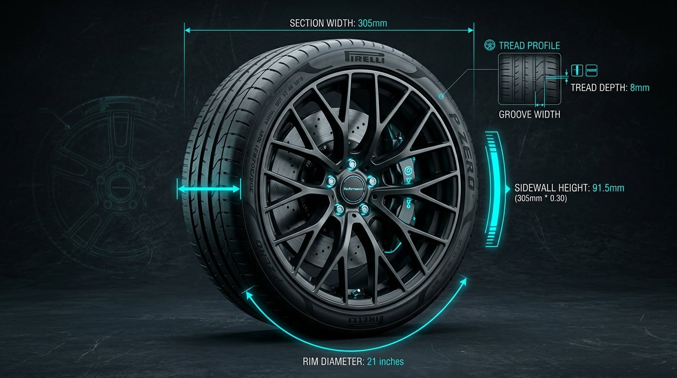 Engineering CAD illustration of tire sidewall anatomy, cross-section width, sidewall height, and wheel rim diameter dimensions
