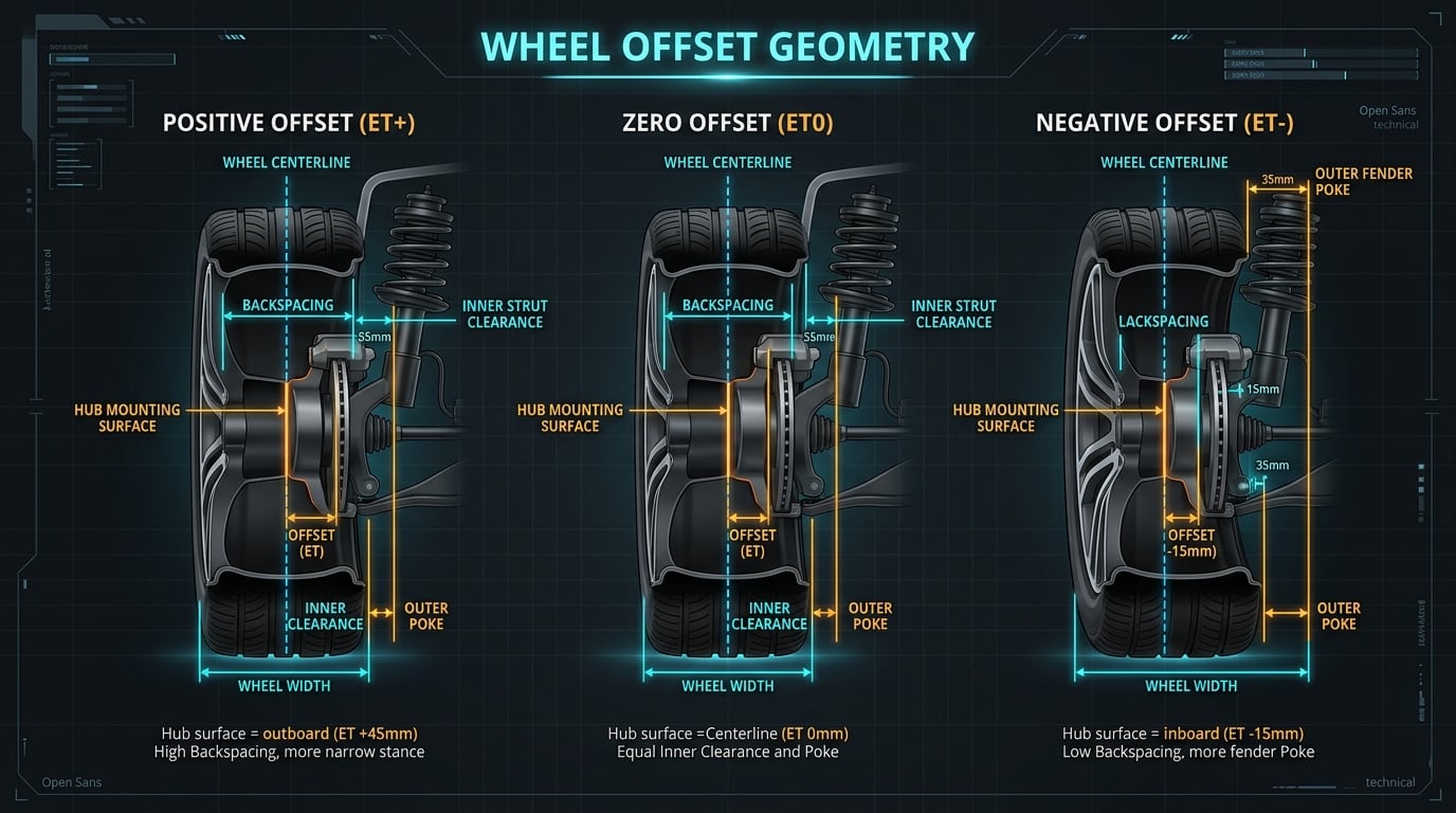 Automotive wheel offset engineering diagram comparing positive offset ET+, zero offset ET0, and negative offset ET- with wheel centerline and hub mounting surface